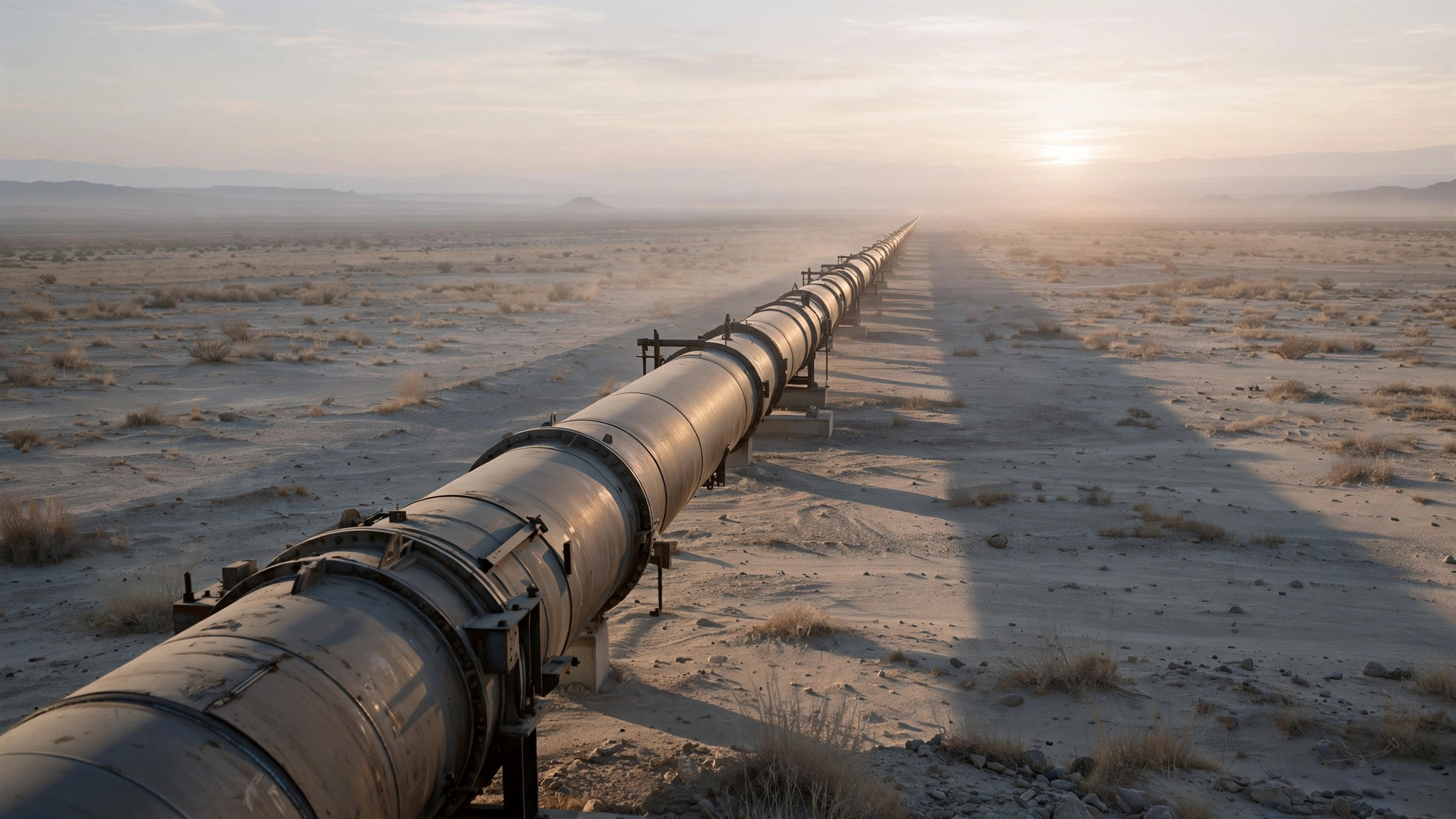 A large-diameter metal pipeline runs from the foreground into the far distance across flat, pale desert, raised on low supports at regular intervals. Dry scrub and scattered rocks cover the sand. A low sun sits near the horizon to the right through heavy haze, casting the pipeline&rsquo;s long shadow across the ground. Low hills line the horizon.